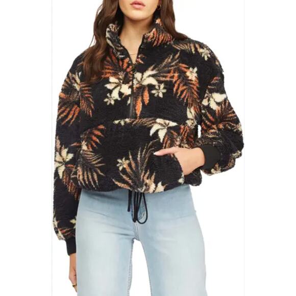 Billabong Sherpa Fleece Pullover Black Tropical Palm Leaf Zip Cozy Surf Jacket M - Picture 4 of 11